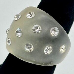 Vintage Frosted Lucite Domed Bubble Ring Set W/Clear Rhinestones Size 8 Unmarked